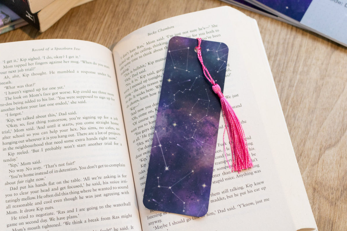 Cosmic Bookmark with pink Tassel - in book