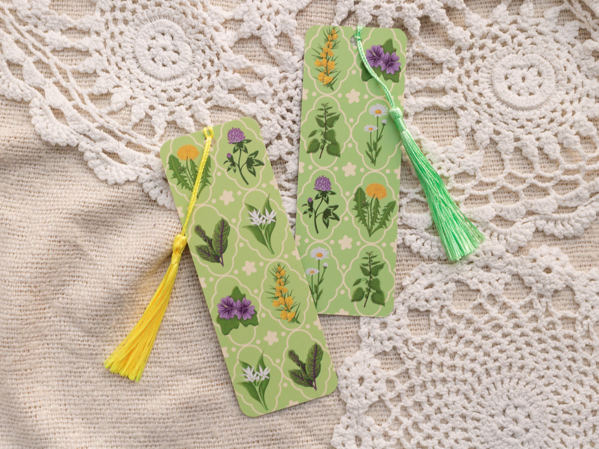 Spring Foraging Bookmark with Tassel - back and front