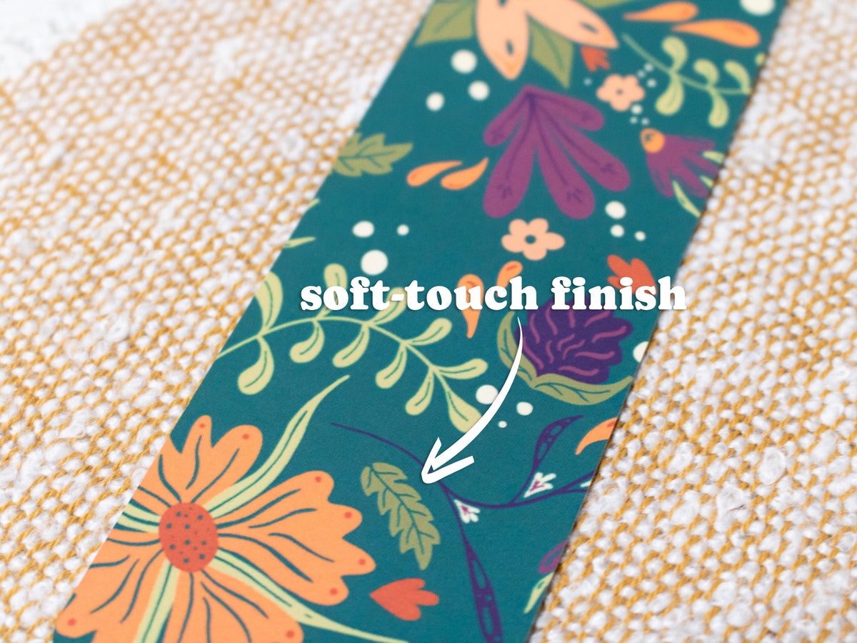 Autumnal Flower Bookmark with Tassel - close up - TEXT OVERLAY: soft-touch finish