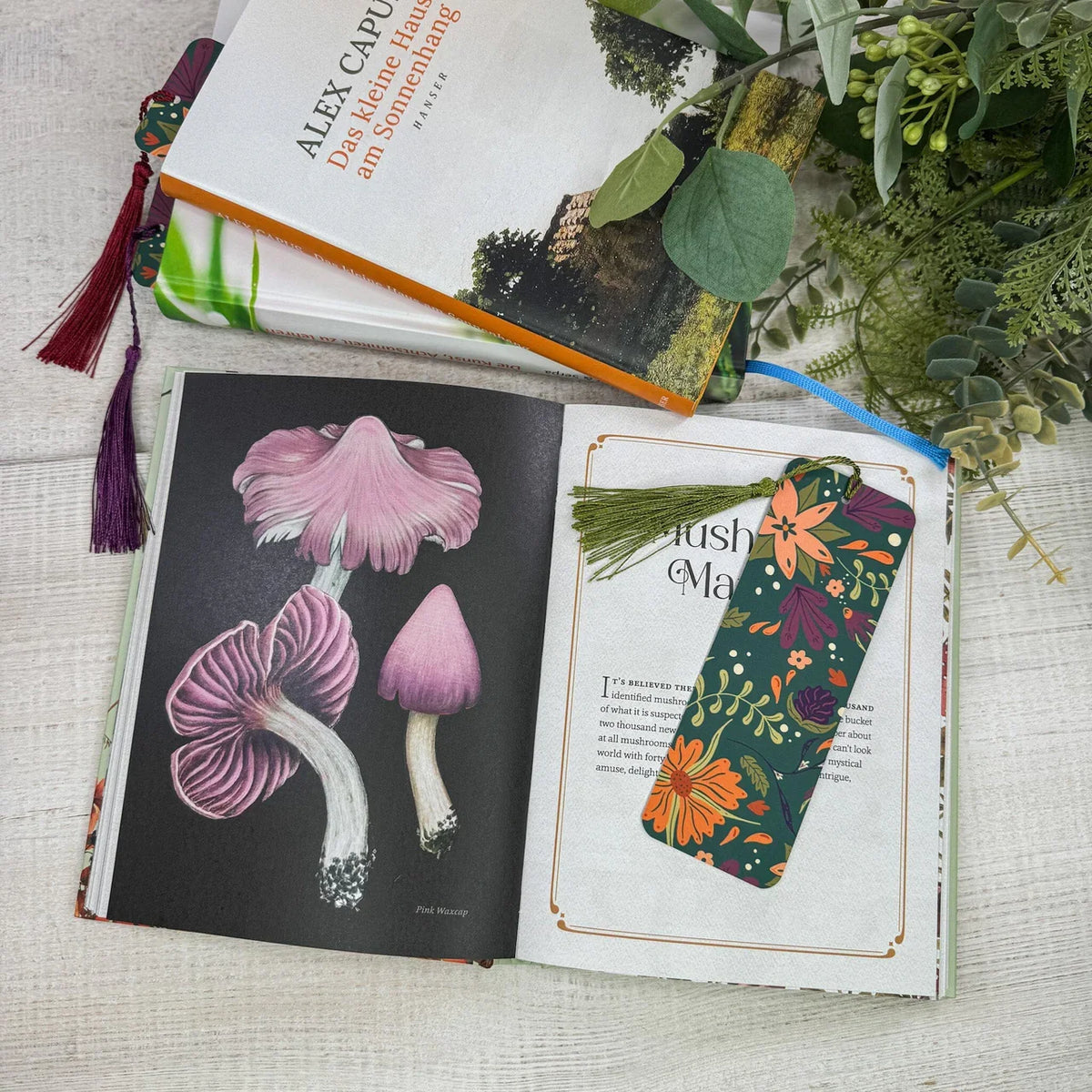 Autumnal Flower Bookmark with Tassel - in book with mushroom illustration