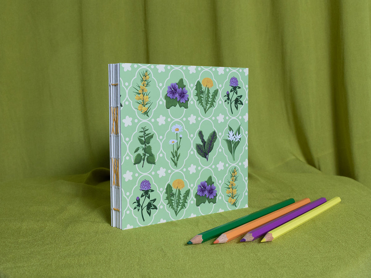 Square sketchbook with floral design on a green background with coloured pencils.