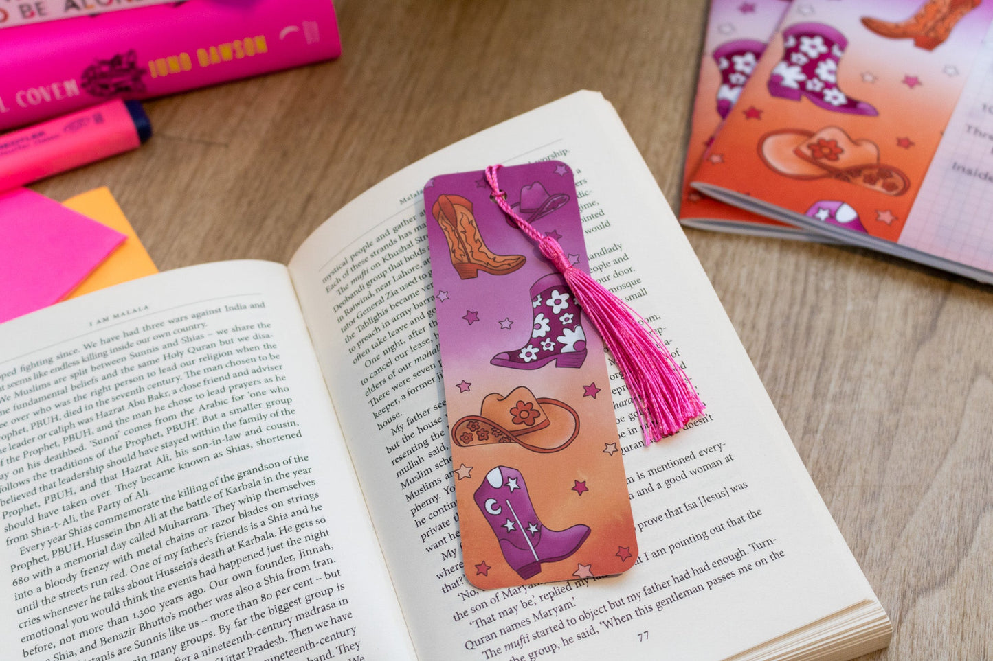 Cowgirl / Cowboy / Cowthey Bookmark with pink Tassel in book