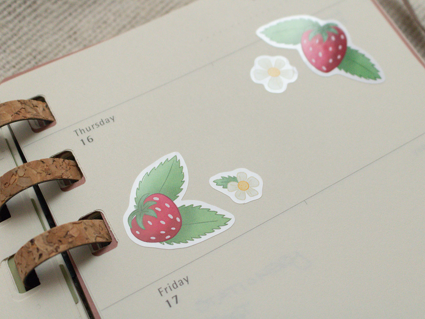 Stickers of strawberries and flowers on a planner page.