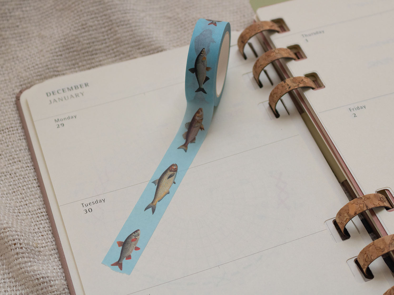 Washi tape with fish design on a planner