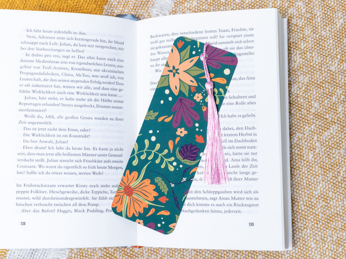 Autumnal Flower Bookmark with Tassel - in book