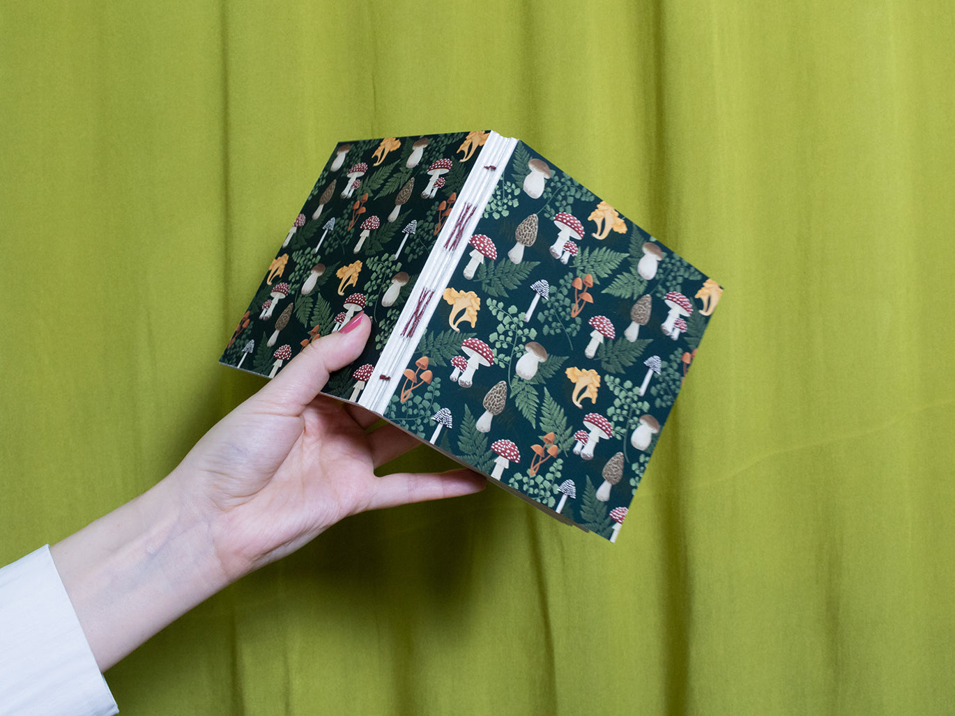 Hand holding a square sketchbook with mushroom pattern against a green background